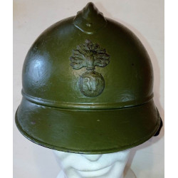 Coque de Casque Adrian Modèle 1915 avec insigne Infanterie et gaufrettes repeint en Vert sur bleu - 14/18 WW1