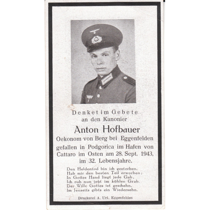 Avis de Décès : Canonier Anton Hofbauer